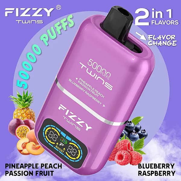 Fizzy Twins 50000 Puffs Pineapple Peach Passion Fruit & Blueberry Raspberry dual-tank disposable vape with flavor switch, smart LCD, 1.0 &Omega; mesh coil, Type-C rechargeable 850 mAh.