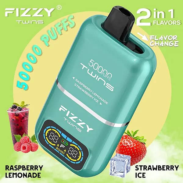 Fizzy Twins 50000 Puffs Raspberry Lemonade & Strawberry Ice dual-tank disposable vape with flavor switch, smart LCD, 1.0 &Omega; mesh coil, Type-C rechargeable 850 mAh.