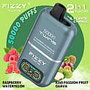 Fizzy Twins 50000 Puffs Raspberry Watermelon & Kiwi Passion Fruit Guava dual-tank disposable vape with flavor switch, LCD smart screen, 1.0 &Omega; mesh coil, Type-C 850 mAh rechargeable.