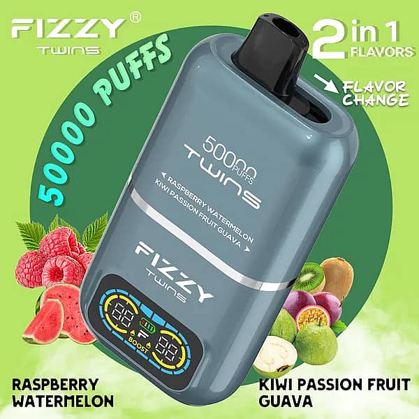 Fizzy Twins 50000 Puffs Raspberry Watermelon & Kiwi Passion Fruit Guava dual-tank disposable vape with flavor switch, LCD smart screen, 1.0 &Omega; mesh coil, Type-C 850 mAh rechargeable.