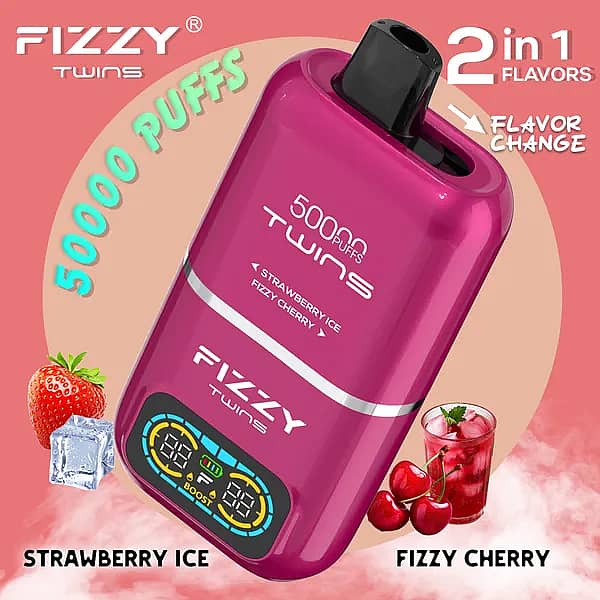 Fizzy Twins 50000 Puffs Strawberry Ice & Fizzy Cherry dual-tank disposable vape with flavor switch, LCD smart screen, 1.0 &Omega; mesh coil, Type-C 850 mAh rechargeable.