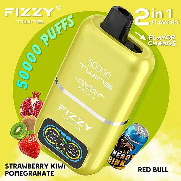 Fizzy Twins 50000 Puffs Strawberry Kiwi Pomegranate & Red Bull dual-tank disposable vape with flavor switch, LCD smart screen, 1.0 &Omega; mesh coil, Type-C 850 mAh rechargeable.