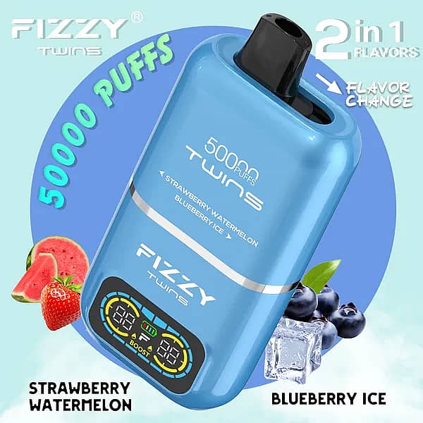 Fizzy Twins 50000 Puffs Strawberry Watermelon & Blueberry Ice dual-tank disposable vape with flavor switch, LCD screen, 1.0 &Omega; mesh coil, 850 mAh Type-C rechargeable.