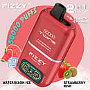 Fizzy Twins 50000 Puffs Watermelon Ice & Strawberry Kiwi dual-tank disposable vape with flavor switch, LCD screen, 1.0 &Omega; mesh coil, 850 mAh Type-C rechargeable.