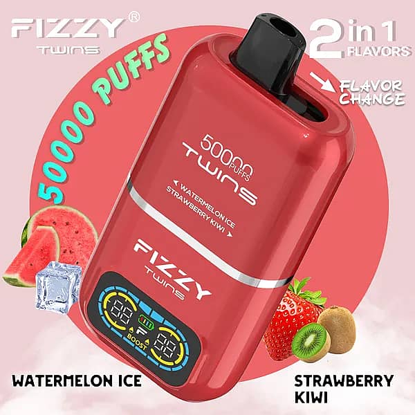 Fizzy Twins 50000 Puffs Watermelon Ice & Strawberry Kiwi dual-tank disposable vape with flavor switch, LCD screen, 1.0 &Omega; mesh coil, 850 mAh Type-C rechargeable.