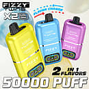 Fizzy Twins 50000 Puffs dual-tank disposable vape with flavor switch, smart LCD screen, Normal/Boost modes, 2-in-1 flavors, 50 ml e-liquid, Type-C rechargeable.