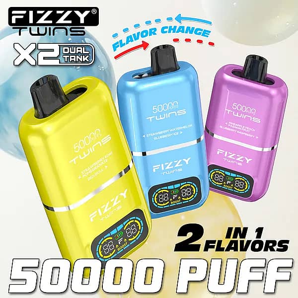 Fizzy Twins 50000 Puffs dual-tank disposable vape with flavor switch, smart LCD screen, Normal/Boost modes, 2-in-1 flavors, 50 ml e-liquid, Type-C rechargeable.