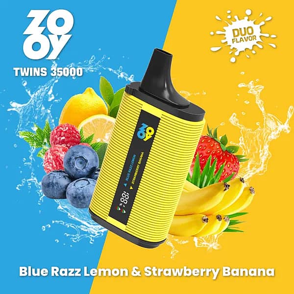ZOOY TWINS 35000 Puffs dual-flavor disposable vape in yellow, Blue Razz Lemon & Strawberry Banana, smart screen, dual mesh coil, 650mAh.