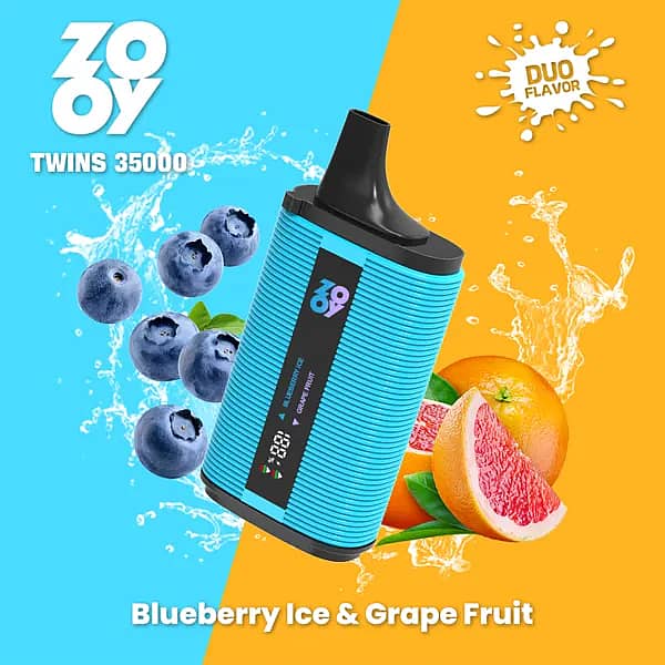 ZOOY TWINS 35000 Puffs dual-flavor disposable vape in blue, Blueberry Ice & Grapefruit, smart screen, dual mesh coil, 650mAh, Type-C charging.