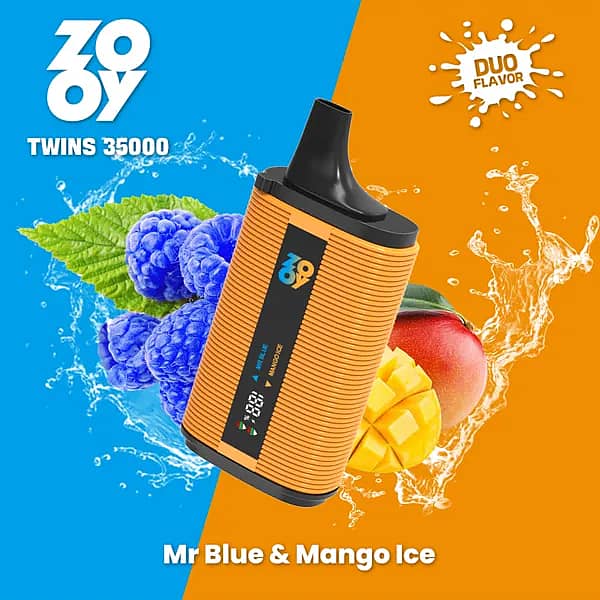 ZOOY TWINS 35000 Puffs disposable vape &mdash; Mr Blue & Mango Ice dual flavor, smart screen, dual mesh coil, 650mAh Type-C.