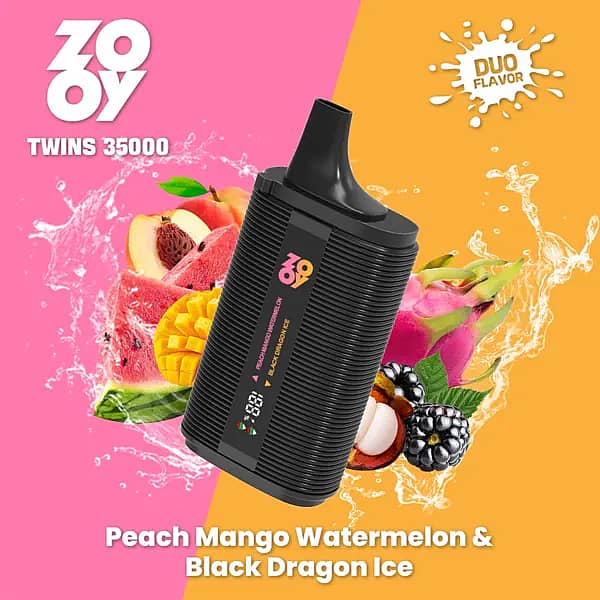 ZOOY TWINS 35000 Puffs disposable vape &mdash; Peach Mango Watermelon & Black Dragon Ice dual flavor with smart screen, dual mesh coil, 650mAh Type-C.