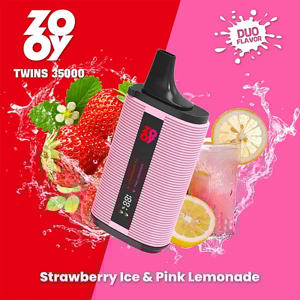 ZOOY TWINS 35000 Puffs disposable vape &mdash; Strawberry Ice & Pink Lemonade dual flavor with smart screen, dual mesh coil, 650mAh Type-C.