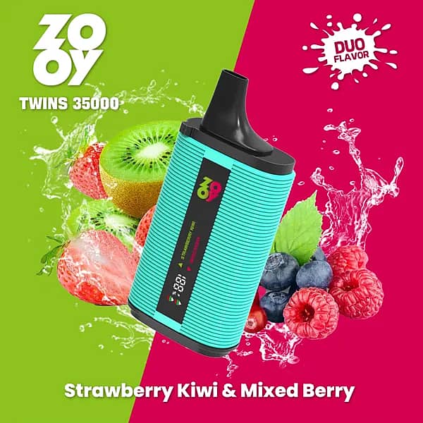 ZOOY TWINS 35000 Puffs disposable vape &mdash; Strawberry Kiwi & Mixed Berry dual flavor with smart screen, dual mesh coil, 650mAh Type-C.