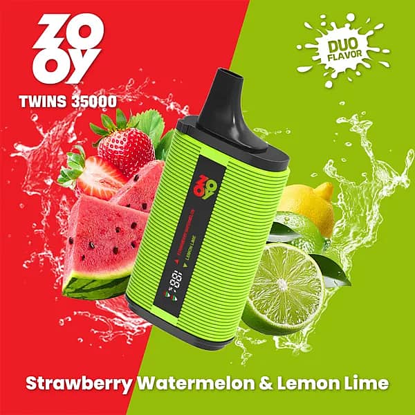 ZOOY TWINS 35000 Puffs disposable &mdash; Strawberry Watermelon & Lemon Lime dual flavor with smart screen, dual mesh coil, 650mAh Type-C rechargeable.