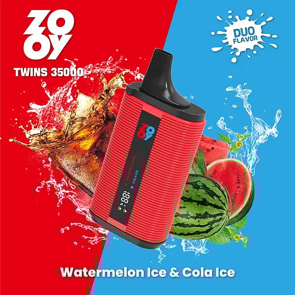 ZOOY TWINS 35000 Puffs disposable &mdash; Watermelon Ice & Cola Ice dual flavor with smart screen, dual-mesh coil, 650mAh Type-C.