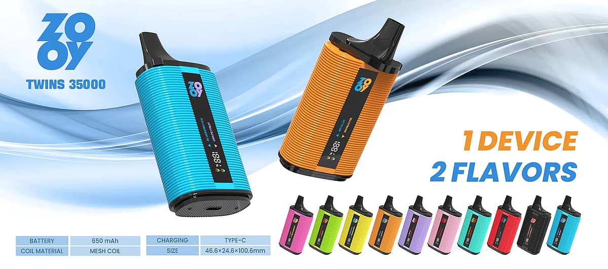 ZOOY TWINS 35000 35K Puffs Disposable Vape with smart screen, dual-mesh coil, 650 mAh Type-C&mdash;one device, two flavors.