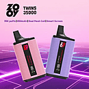 ZOOY TWINS 35000 disposable vape in pink and purple with smart screen; 35,000 puffs, 650mAh battery, dual mesh coil on neon backdrop.