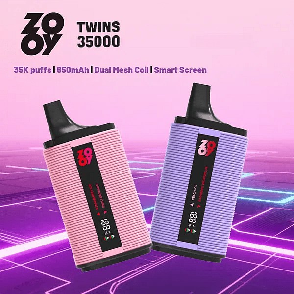 ZOOY TWINS 35000 disposable vape in pink and purple with smart screen; 35,000 puffs, 650mAh battery, dual mesh coil on neon backdrop.