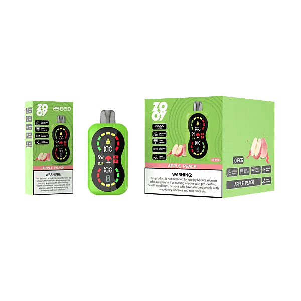 Zooy Blaze 25000 25K Puffs Apple Peach disposable vape with full-screen smart display, dual mesh coil, adjustable power and airflow, Type-C charging, and e-juice/battery indicators; device, box and master carton in green.