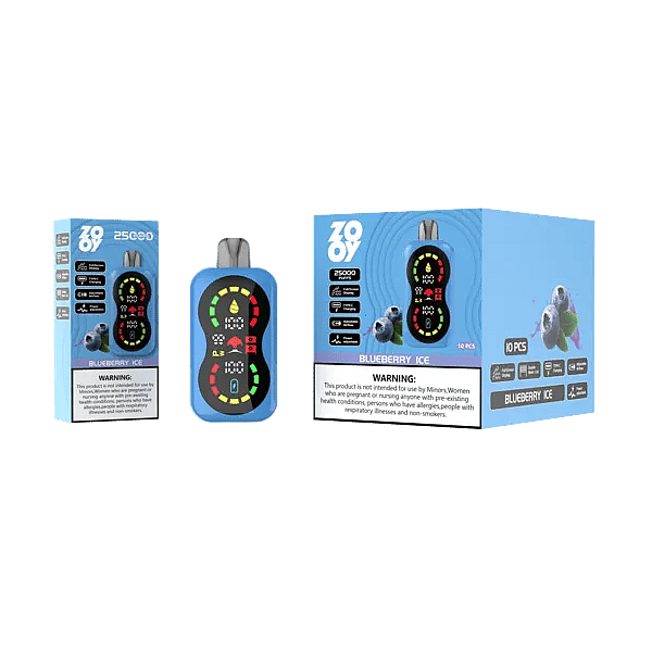 Zooy Blaze 25000 25K Puffs Blueberry Ice disposable vape with full-screen smart display, dual mesh coil, adjustable airflow and power, Type-C charging; device, single box, and 10-pack master carton on blue.