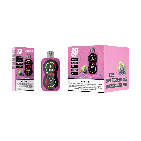 Zooy Blaze 25000 Grape Lemon disposable vape, 25K puffs, full-screen smart display, adjustable airflow & power, dual mesh coil, Type-C charging.