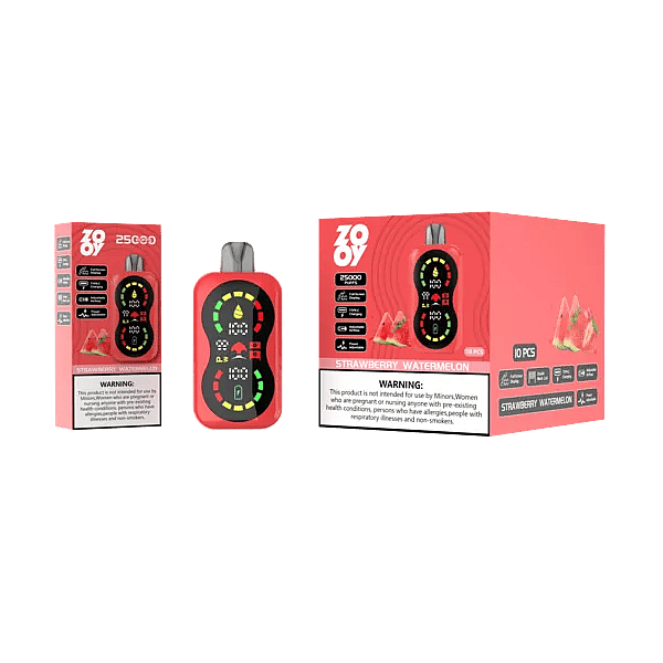 Zooy Blaze 25000 Strawberry Watermelon disposable vape &mdash; 25K puffs, smart full-screen display, dual mesh coil, adjustable airflow & power, 650 mAh Type-C rechargeable.