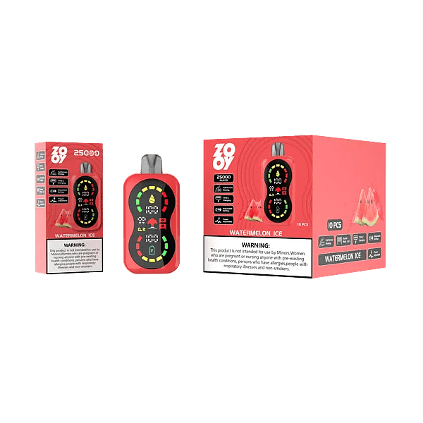 Zooy Blaze 25000 Watermelon Ice disposable vape &mdash; 25K puffs, smart full-screen display, dual mesh coil, adjustable airflow & power, 650 mAh Type-C rechargeable.