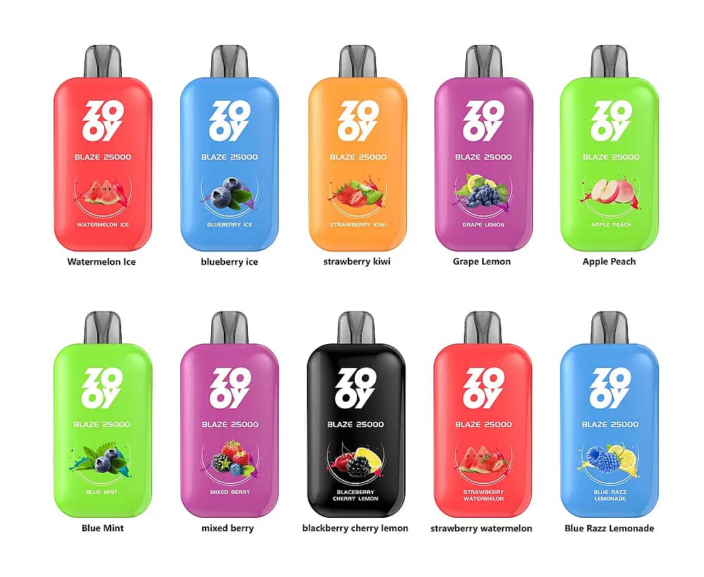 Zooy Blaze 25000 25K puffs disposable vape lineup with smart full-screen display, dual mesh coil, adjustable airflow & power, Type-C charging&mdash;flavors shown: Watermelon Ice, Blueberry Ice, Strawberry Kiwi, Grape Lemon, Apple Peach, Blue Mint, Mixed Berry, Blackberry Cherry Lemon, Strawberry Watermelon, Blue Razz Lemonade.