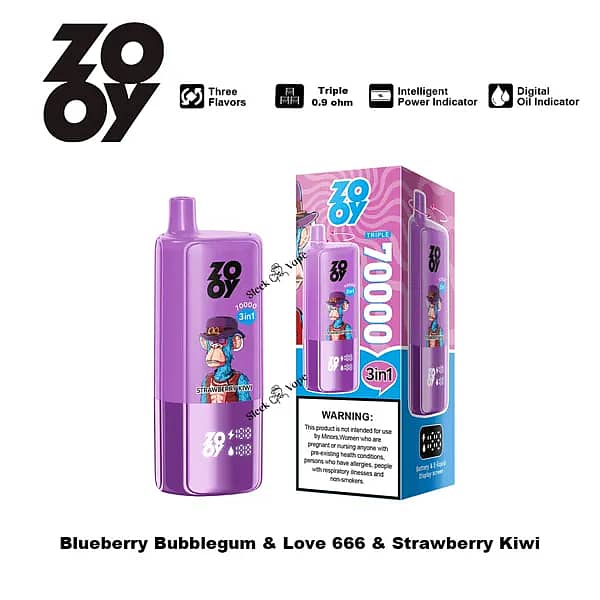 ZOOY Triple 70000 Puffs 3-in-1 disposable vape, purple device and box, triple 0.9&Omega; coil with intelligent power and digital oil indicators; flavors Blueberry Bubblegum, Love 666, Strawberry Kiwi.