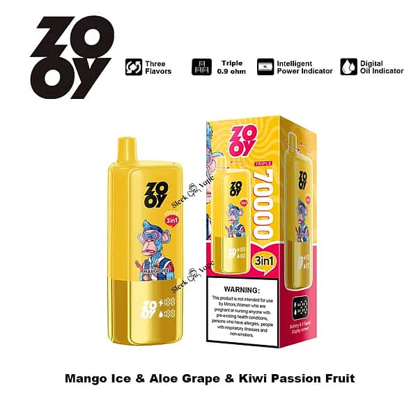 ZOOY Triple 70000 Puffs 3-in-1 disposable vape, yellow device and box with triple 0.9&Omega; coil, smart power/oil indicators&mdash;Mango Ice, Aloe Grape, Kiwi Passion Fruit.
