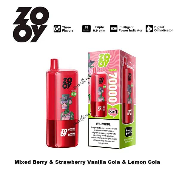 ZOOY Triple 70000 Puffs 3-in-1 disposable vape in red with retail box&mdash;Mixed Berry, Strawberry Vanilla Cola, Lemon Cola; triple 0.9&Omega; coil with smart power/oil indicators.