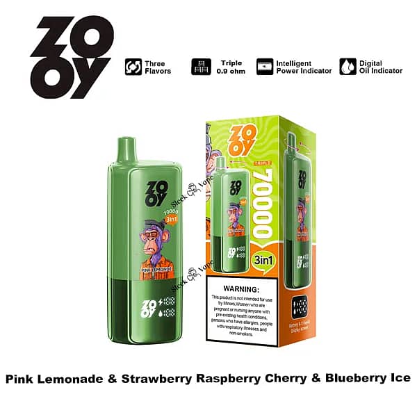 ZOOY Triple 70000 Puffs 3-in-1 disposable vape in green with retail box&mdash;flavors Pink Lemonade, Strawberry Raspberry Cherry, and Blueberry Ice; triple 0.9&Omega; mesh coil with smart power and digital oil indicators.