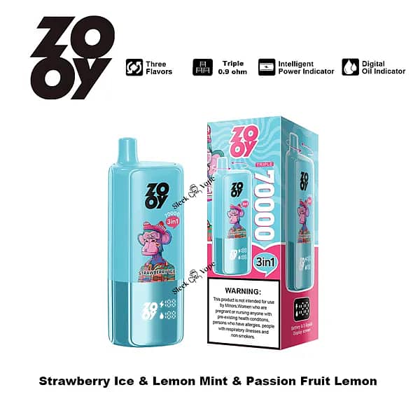 ZOOY Triple 70000 Puffs 3-in-1 disposable vape in light blue with retail box &mdash; flavors Strawberry Ice, Lemon Mint, and Passion Fruit Lemon; triple 0.9&Omega; mesh coil with smart power and digital oil indicators.