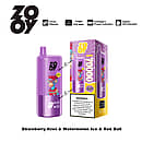 ZOOY Triple 70000 Puffs 3-in-1 disposable vape in purple with box &mdash; Strawberry Kiwi, Watermelon Ice, and Red Bull flavors; triple 0.9&Omega; mesh coil, smart battery and oil indicators.
