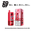 ZOOY Triple 70000 Puffs 3-in-1 disposable vape in red with retail box &mdash; Strawberry Watermelon, Blueberry Ice, and Love 666 flavors; triple 0.9&Omega; mesh coil with intelligent power and digital oil indicators.