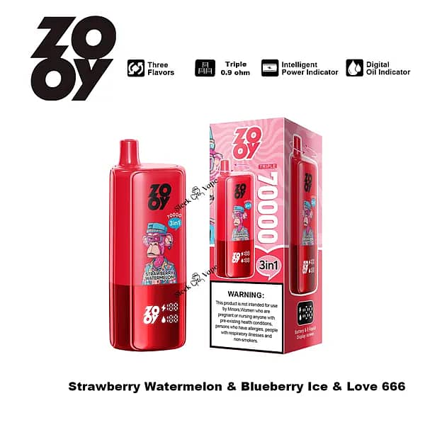 ZOOY Triple 70000 Puffs 3-in-1 disposable vape in red with retail box &mdash; Strawberry Watermelon, Blueberry Ice, and Love 666 flavors; triple 0.9&Omega; mesh coil with intelligent power and digital oil indicators.