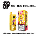 ZOOY Triple 70000 Puffs 3-in-1 disposable vape in yellow with retail box &mdash; Triple Melon, Strawberry Watermelon, and Lemon Peach flavors; triple 0.9&Omega; mesh coil, intelligent power indicator, and digital oil indicator.