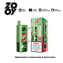 ZOOY Triple 70000 Puffs 3-in-1 disposable vape in green with retail box &mdash; Watermelon, Lemon Lime, and Cherry Cola flavors; triple 0.9&Omega; mesh coil with smart battery & oil indicators.