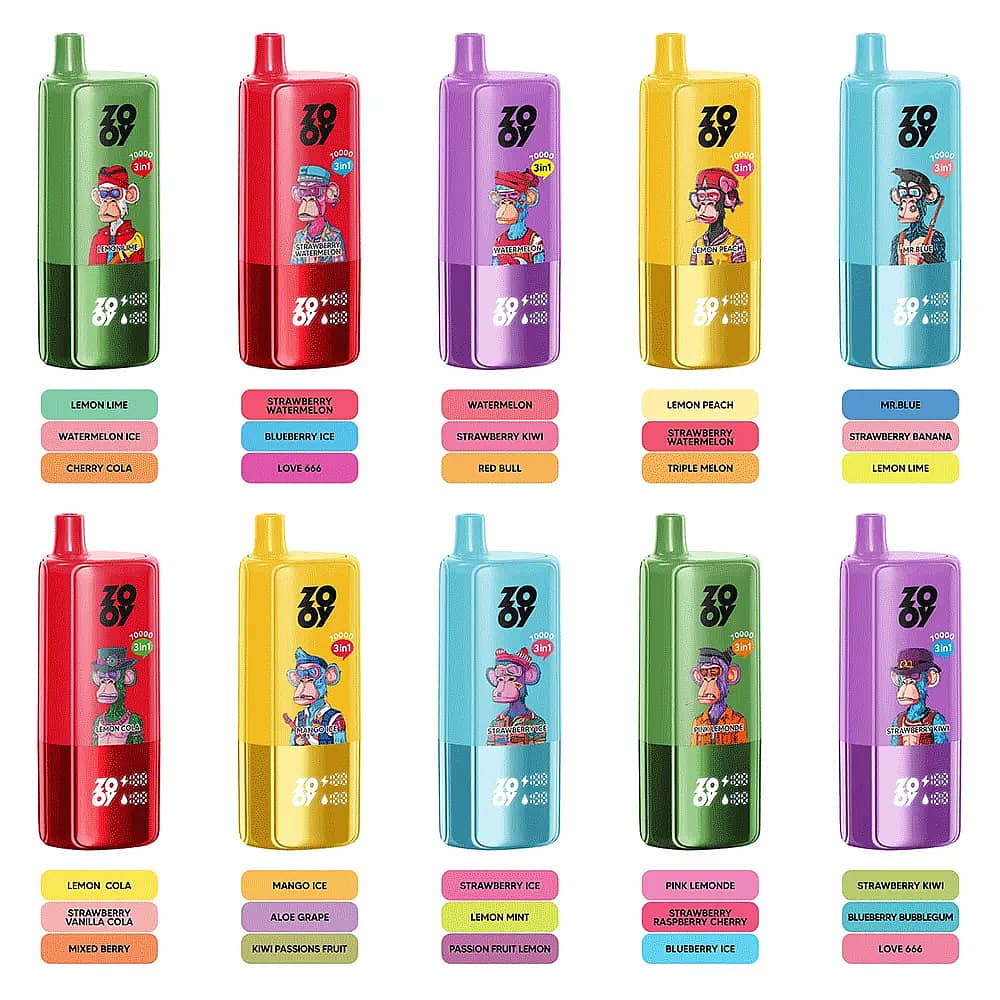 ZOOY Triple 70000 70K Puffs 3 in 1 Flavors disposable vape lineup &mdash; grid of 10 color devices showing flavor trios and icons.