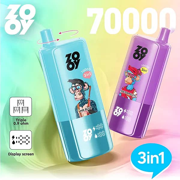 ZOOY Triple 70000 Puffs 3-in-1 disposable vape with rotating flavor switch, smart display screen, and triple 0.9&Omega; coil&mdash;blue and purple devices.