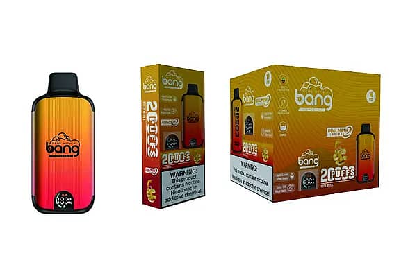 Bang 20000 Puffs Disposable Vape &ndash; Pineapple Coconut flavor with dual mesh coil, smart display, 25ml e-liquid, and 650mAh rechargeable battery.