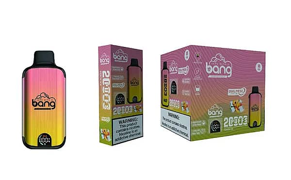 Bang 20000 Puffs Disposable Vape &ndash; Tropical Fruit Mix flavor with Dual Mesh coil, Smart Screen, 25ml e-liquid, and 650mAh rechargeable battery.