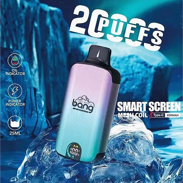 Bang 20000 Puffs Disposable Vape with gradient purple-blue design, smart screen display, placed on ice background, highlighting 25ml e-liquid capacity, dual mesh coil, and 650mAh Type-C rechargeable battery.