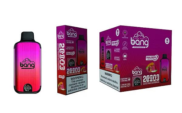 Bang 20000 Puffs Disposable Vape &ndash; Dual Mesh coil, Smart Screen display, Strawberry Peach flavor, 25ml e-liquid, 650mAh rechargeable battery.