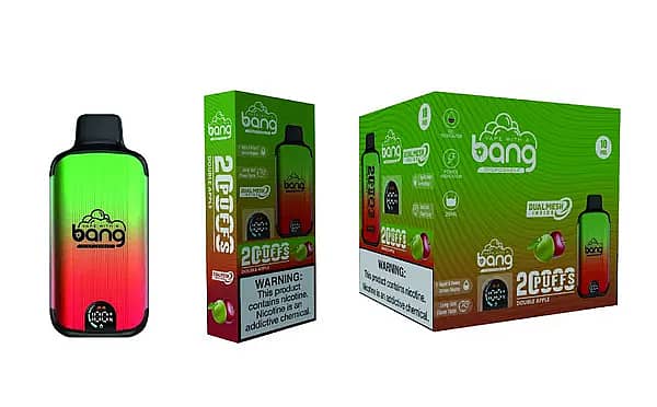 Bang 20000 Puffs Disposable Vape &ndash; Double Apple Flavor, Dual Mesh Coil, Smart Screen, 25ml E-liquid, 650mAh Rechargeable Battery.