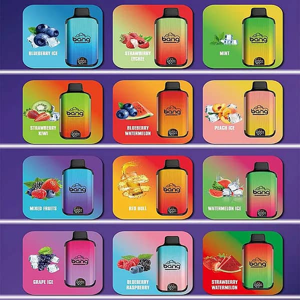 Bang 20000 Puffs Disposable Vape flavor collection &ndash; Blueberry Ice, Strawberry Lychee, Mint, Strawberry Kiwi, Blueberry Watermelon, Peach Ice, Mixed Fruits, Red Bull, Watermelon Ice, Grape Ice, Blueberry Raspberry, Strawberry Watermelon &ndash; dual mesh coil, smart screen, 25ml e-liquid, 650mAh rechargeable.