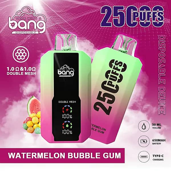 Bang 25000 Puffs Disposable Vape in Watermelon Bubble Gum flavor, featuring a double mesh coil, 25ml e-liquid, 650mAh rechargeable battery, and Type-C charging, with colorful bubble gum and watermelon visuals.