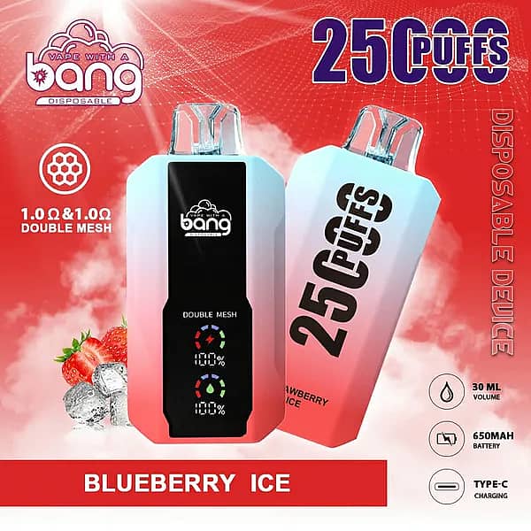 Bang 25000 Puffs Disposable Vape in Blueberry Ice flavor, featuring a double mesh coil design, digital puff and battery indicators, 30ml e-liquid capacity, 650mAh rechargeable battery, and Type-C charging, displayed with blueberries and ice cubes in the background.