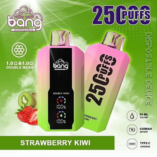 Bang 25000 Puffs Disposable Vape &ndash; Strawberry Kiwi flavor, featuring dual mesh coil, colorful green-pink gradient body, and flavor imagery of strawberries and kiwis.