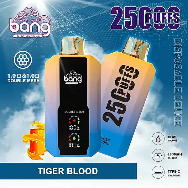 Bang 25000 Puffs Disposable Vape in Tiger Blood flavor, featuring dual mesh coils, LED battery indicators, 30ml e-liquid capacity, 650mAh battery, and Type-C charging.